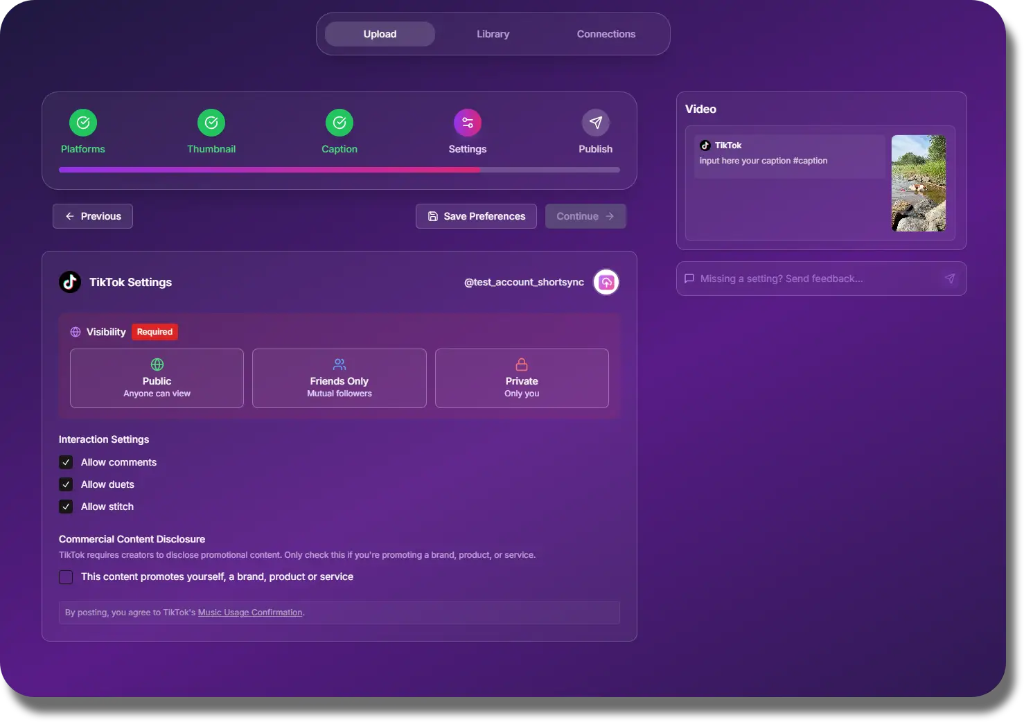 TikTok upload settings in ShortSync