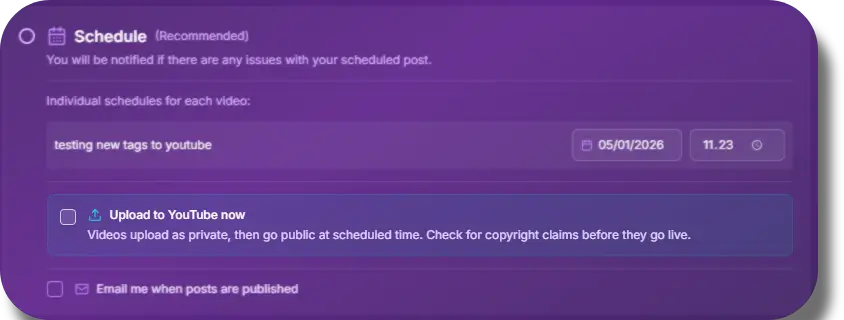 YouTube early upload option in publish settings